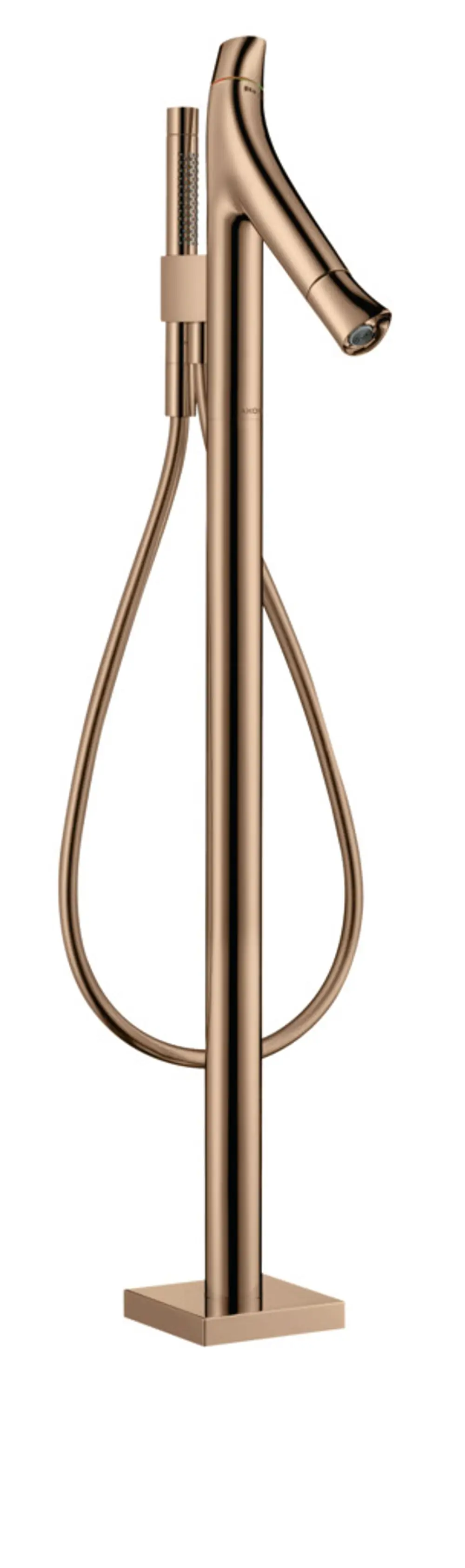 Bodenstehender AXOR Wasserhahn in Polished Red Gold mit flexibler Handbrause und schlankem Design, montiert auf quadratischer Basis.